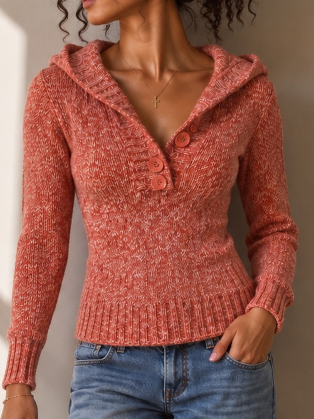 Y2K Rue 21 Orange Buttoned Hooded Cableknite Sweater